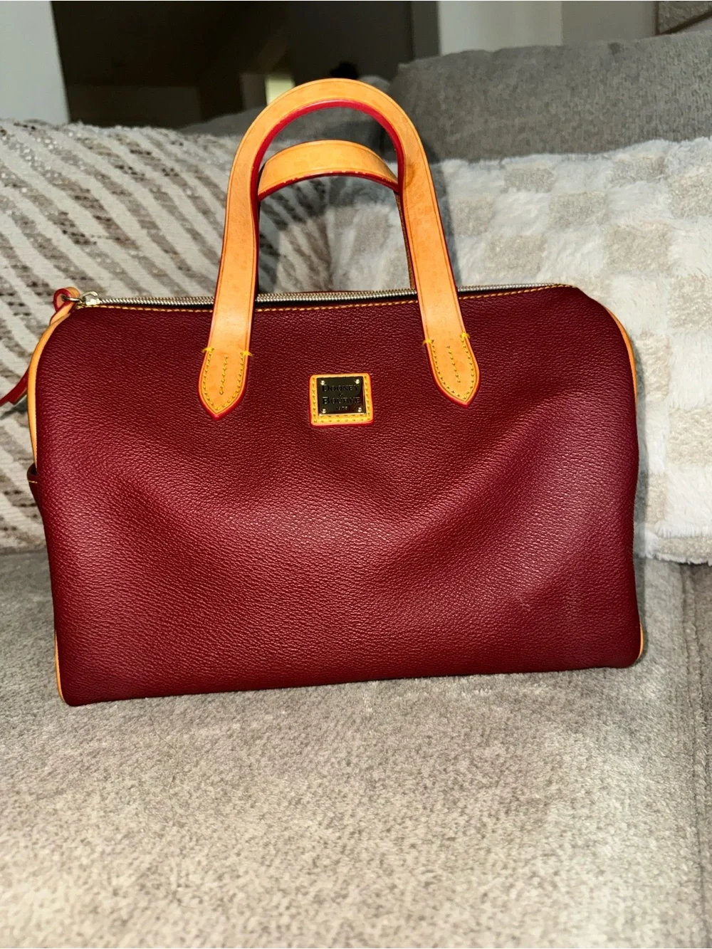 Dooney & Bourke Olivia Wine Leather Satchel with Tan Handles - Picture 2 of 13